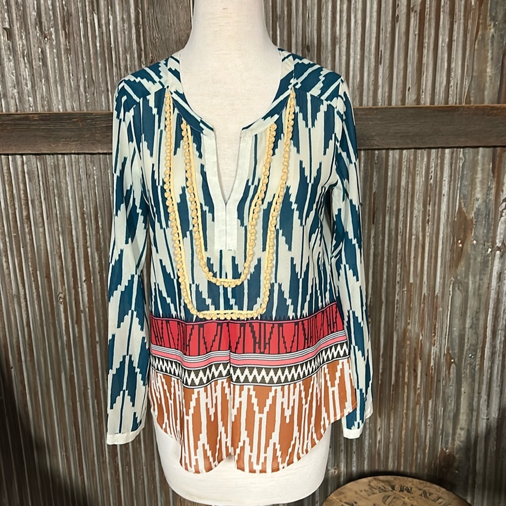 Anthropology Maeve Blue and Cream Patterned Blouse